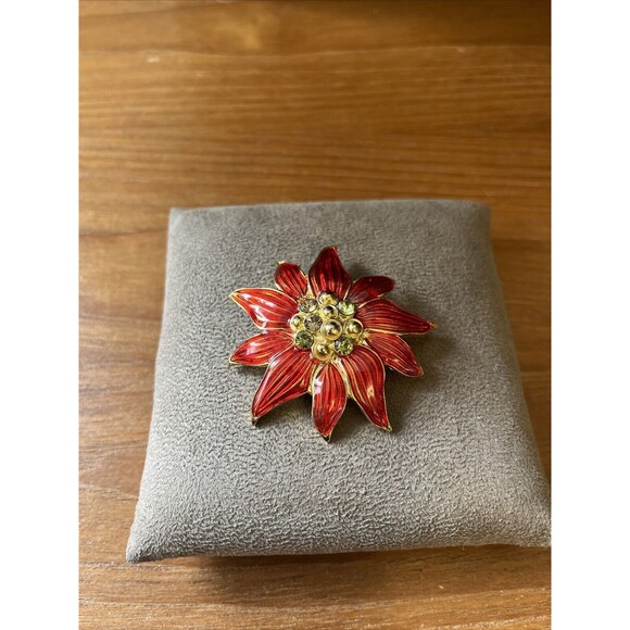 Christopher Radko Rhinestones Red Enamel Christmas Poinsettia Brooch Gold Tone - Picture 1 of 6